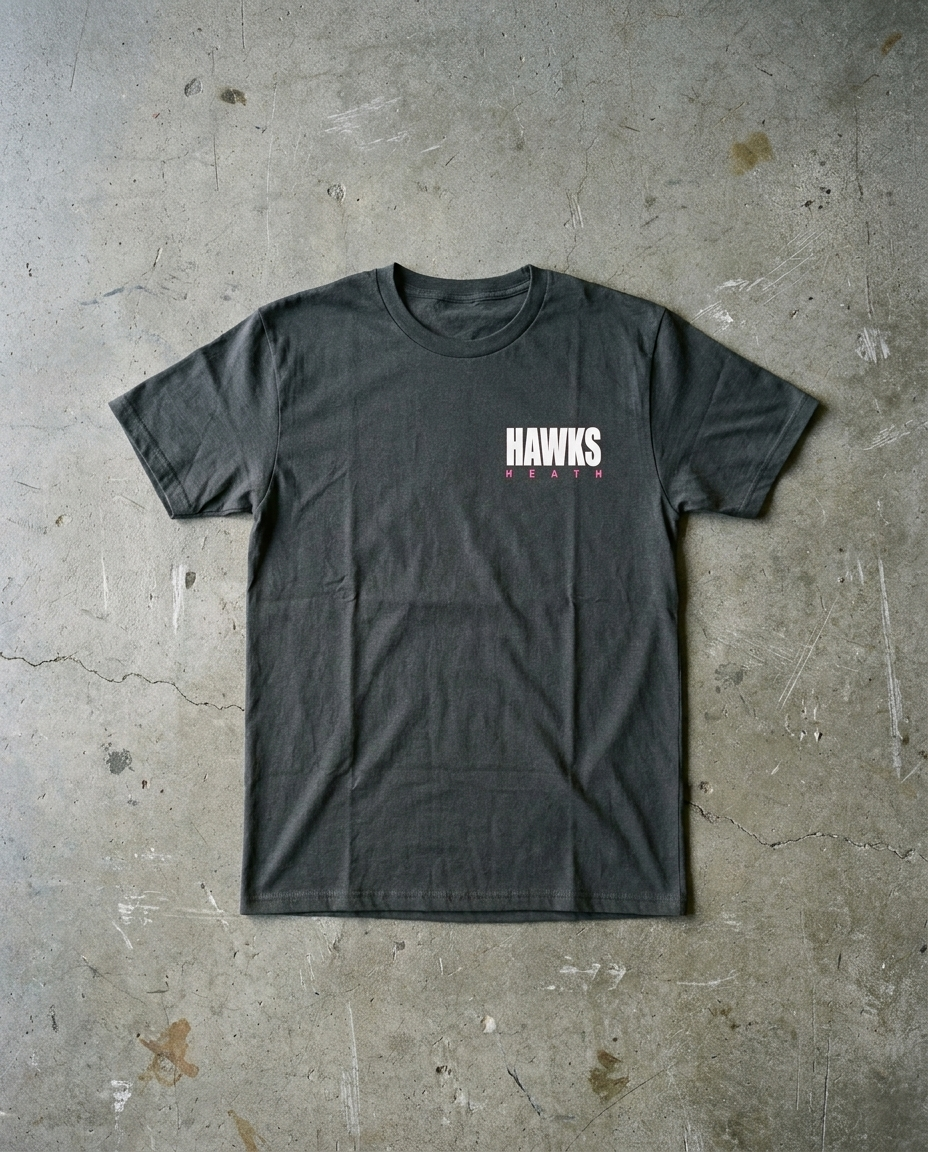 Heath Dizzy Floral tee in charcoal, front view with small HAWKS HEATH lettering on the left chest