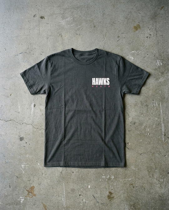 Heath Dizzy Floral tee in charcoal, front view with small HAWKS HEATH lettering on the left chest
