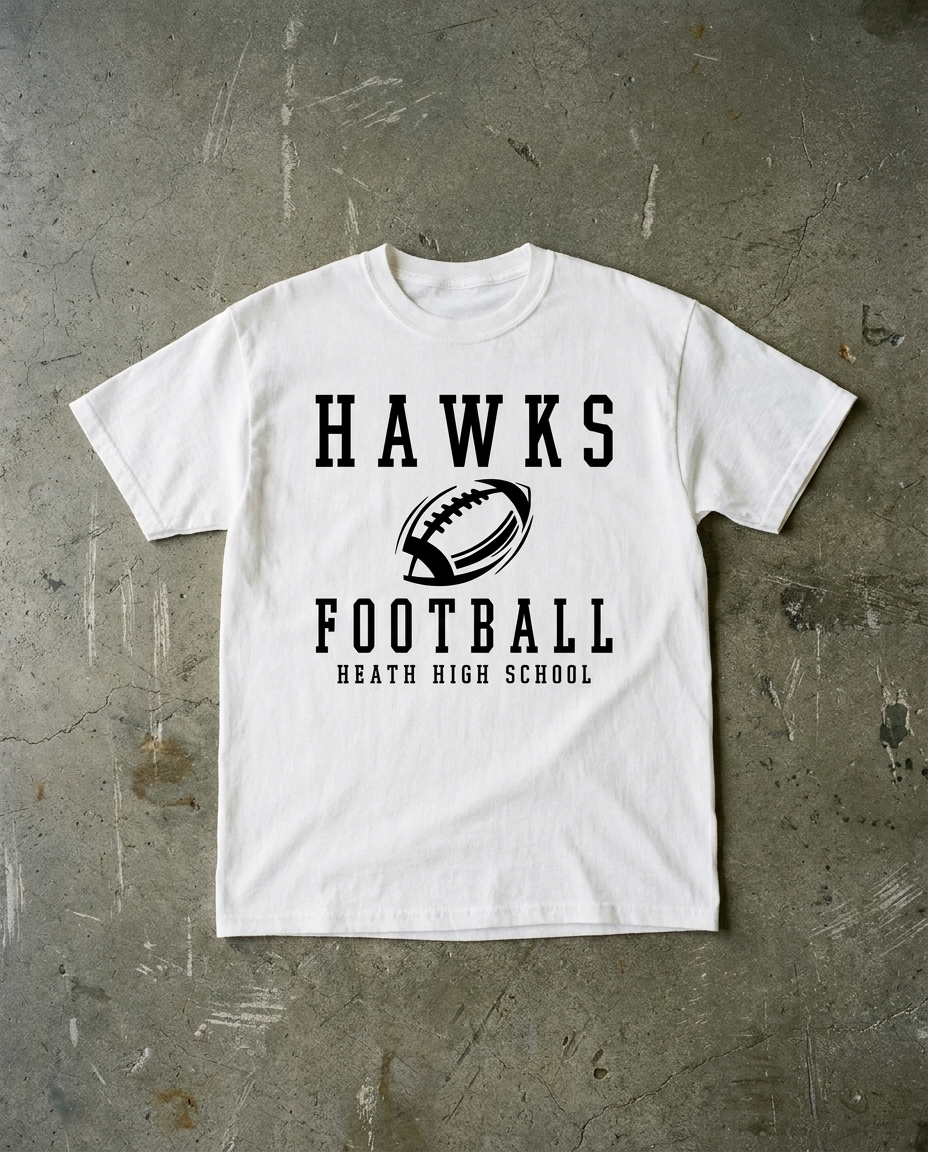 Heath Football Make It Count tee in white, black HAWKS over a football and FOOTBALL with HEATH HIGH SCHOOL beneath