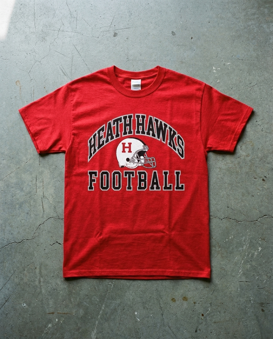 Heath Football Red Zone tee in red, arched HEATH HAWKS with the helmet set in the middle and FOOTBALL beneath