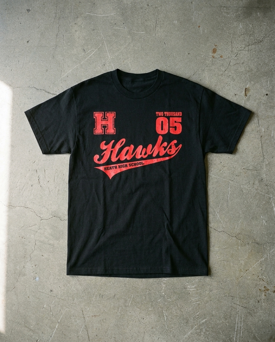 Heath Go For It tee in black, red block H with TWO THOUSAND 05 and the Hawks script riding an underline over HEATH HIGH SCHOOL
