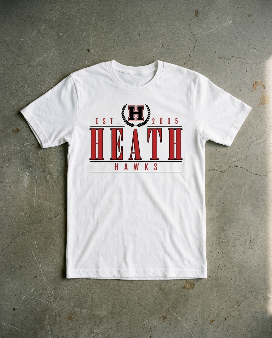 Heath Laurel Rest tee in white, H inside a laurel crest above EST. 2005 with HEATH and HAWKS ruled off below