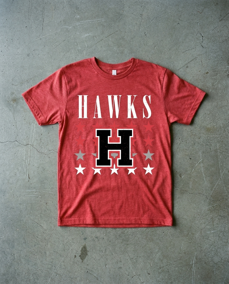 Heath Seein Stars tee in heather red, white HAWKS above one large black H with stars scattered loose around it