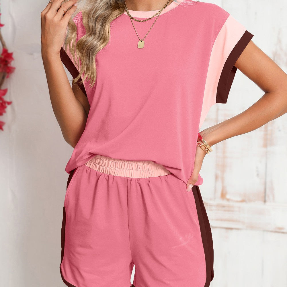 Color Block Top And Elastic Waist Shorts Set