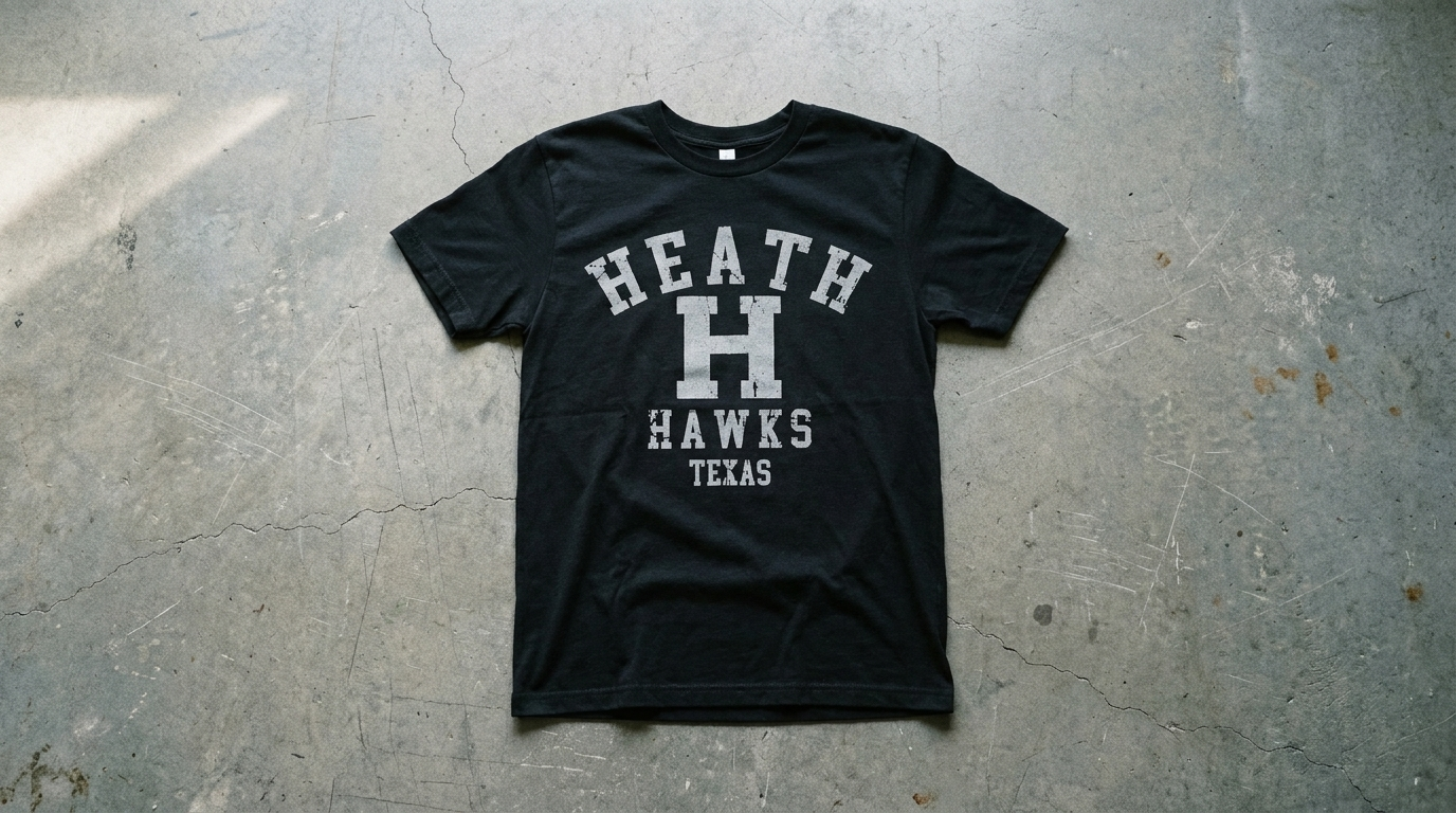 Black Heath Hawks Texas spirit tee laid flat on a concrete floor in Rockwall, Texas